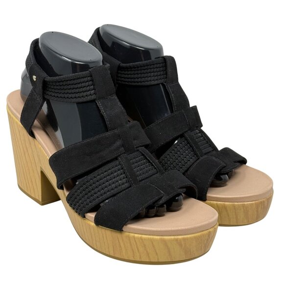 Dr. Scholls Black Blossom Strappy Platform Sandals US 10M Faux Wood Block Heel - Picture 7 of 11